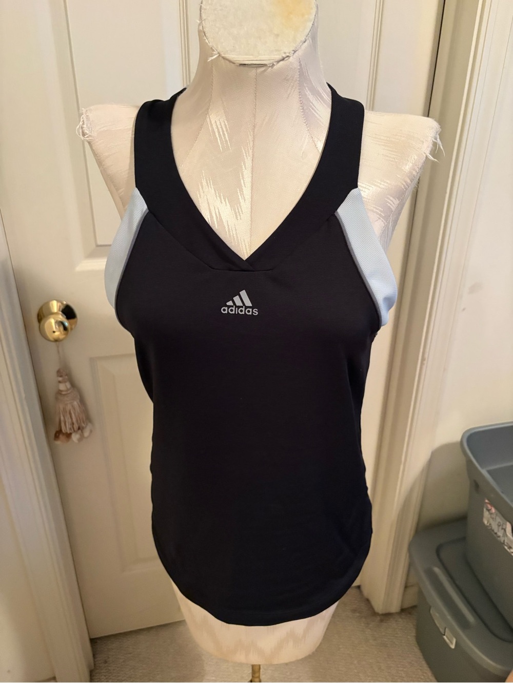 Adidas women’s L Black Athletic Tank Top with Light Blue Accents